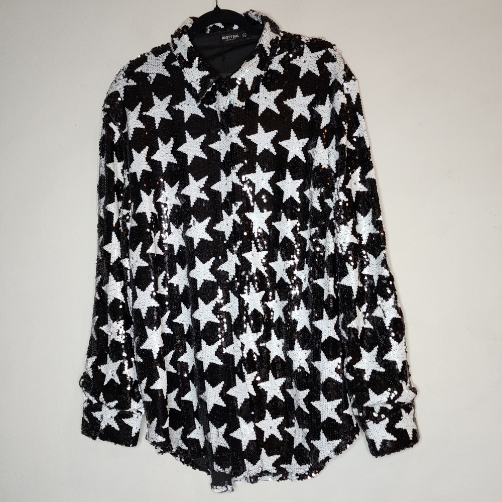 NWT Nasty Gal Sequin Star Shirt Shacket Women's Size 14 Black White